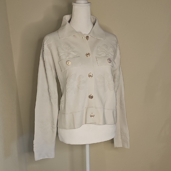 Laundry by Shelli Segal Sweater Off-White Embossed with Silver/Gold Buttons Sz M - Picture 8 of 8